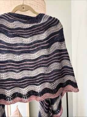 Striped Lace Hand Knit Scarf Wrap in Navy, Gray & Blush, Natural Hand Dyed Wool